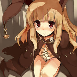 1girls :< animal_ears arm_behind_back bangs blonde_hair blush bondage bondage_under_clothes breasts bunny_ears cape chains chastity chastity_belt chastity_device crotch_rope female female_chastity female_only femsub flat_chest from_above hidden_bondage long_hair looking_at_viewer looking_up monorino naked_coat navel original red_eyes rope rope_harness seiza shibari shibari_under_clothes sitting skull solo tears