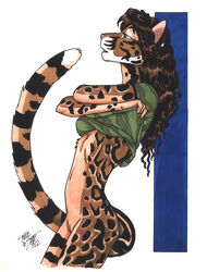 2002 anthro feline female furry hi_res high_resolution highres mammal ocelot pinup plain_background pussy solo terrie_smith traditional_media undressing white_background