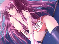 artist_request bare_breasts blush bondage breasts character_request closed_eyes crotch_rope erect_nipples exposed_breasts female huge_breasts humiliation long_hair nipples purple_hair pussy_juice rope rope_walking solo source_request thighhighs topless very_long_hair