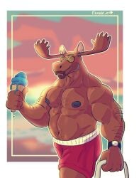 2024 abs anthro antlers arm_hair barazoku belly belly_hair biceps black_nipples body_hair border bottomwear brown_hair chest_hair clock clothed clothing deer deltoids dessert ear_piercing eyewear facial_hair food forearm_hair forearm_muscles forearms frank_folf goatee hair hi_res horn ice_cream ice_cream_cone looking_at_viewer male male_focus mammal manly mature_male melting_ice_cream moose moustache musclegut muscular navel new_world_deer nipples pecs piercing red_bottomwear red_clothing red_shorts shorts shorts_only slightly_chubby smile solo sunglasses sunset topless triceps walking watch white_border wristwatch