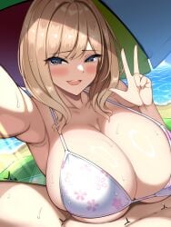 1boy 1girls armpits beach bikini bikini_top blonde_hair blue_eyes clothed_paizuri consensual_paizuri consenting_female covered_paizuri engulfing_paizuri grin happy_paizuri light-skinned_female light-skinned_male light_skin original outdoors paizuri peace_sign sakidesu smile sweat sweatdrop swimsuit swimsuit_paizuri swimsuit_top swimzuri v victory_sign