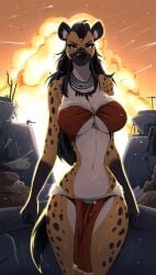 ai_generated big big_breasts bikini black_hair brown_eyes cleavage female_only furry furry_female furry_only hyena hyena_girl large_breasts majorfluffy novelai tagme tribal wide_hips