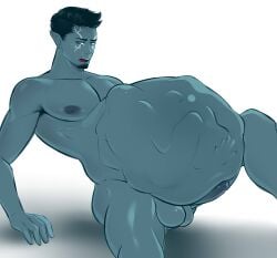 1boy belly big_belly blue_skin digestion erection gasaiv male male_only male_pred penis same_size_vore vore