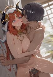 1boy 1girls ai_generated blue_eyes blush cum cum_in_pussy cum_inside female female_penetrated from_side genshin_impact holding licking_cheek long_hair male male/female male_penetrating mihoyo nilou_(genshin_impact) nude nude_female red_hair scaramouche_(genshin_impact) sex straight tongue