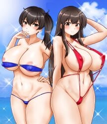 2girls akagi_(kantai_collection) areolae beach big_breasts erect_nipples_under_clothes giant_breasts huge_breasts kaga_(kantai_collection) kantai_collection long_hair swimsuit tied_hair uratomomin visible_areolae