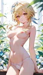 ai_generated breasts flower_in_hair genshin_impact lumine_(genshin_impact) ministro navel nipples nude_female panties pussy_peek