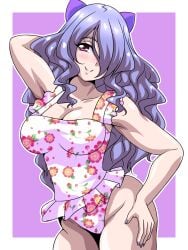 1girls alternate_costume arm_behind_head bare_thighs breasts camilla_(fire_emblem) cleavage female female_only fire_emblem fire_emblem_fates frills hair_over_one_eye inabakun00 long_hair medium_breasts nail_polish nintendo one-piece_swimsuit pink_eyes pose purple_hair purple_nails skirt smile solo swimsuit thighs very_long_hair white_one-piece_swimsuit white_swimsuit