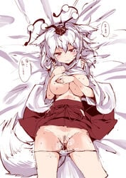 animal_ears big_breasts blush breasts canine covering covering_breasts detached_sleeves female hair hand_on_breast hat hi_res karochii_(mochiya) looking_at_viewer lying mammal momiji_inubashiri panties panty_pull pubes pussy pussy_juice red_eyes rough short_hair silver_hair solo tengu tokin_hat touhou underwear white_panties wolf_ears wolf_tail wolfgirl