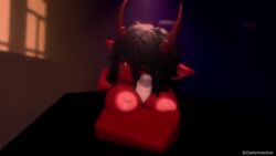 1boy 1boy1girl 1girls 3d animated anon black_hair boobjob breasts elf_ears embarrassed horn loop red_eyes red_skin roblox robloxian short_hair sound succubus tagme video zokanimations