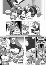 2023 5_fingers ?! anthro ass backsack balls bent_over big_ears biped black_clothing black_shirt black_topwear book bookshelf bottomless bottomless_anthro bottomless_male bottomwear bulge cake_(thezestiestbone) canid canine canis casual_exposure clothed clothing comic cottontail_rabbit dialogue digitigrade domestic_dog duo ears_down ears_up ellipsis english_text escalator exclamation_point fingers furniture genitals halftone herding_dog hi_res holding_book holding_object inside lagomorph leporid long_ears magazine male male/male mammal midriff monochrome overweight overweight_anthro overweight_male pants pastoral_dog pembroke_welsh_corgi pivoted_ears porn_magazine pornography question_mark questioning_ellipsis rabbit rear_view shadow shirt short_tail size_difference speech_bubble standing stated_pansexuality stated_sexuality stippling stuttering swirl_(thezestiestbone) tail text thezestiestbone topwear welsh_corgi white_clothing white_shirt white_topwear