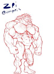 balls bara big_penis body_hair facial_hair flaccid male male_only monochrome muscles muscular nude penis solo solo_male zenpei