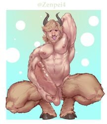 balls bara beard big_penis boner erection facial_hair goat_legs horns male male_only muscles muscular nude penis satyr solo solo_male spread_legs squatting zenpei