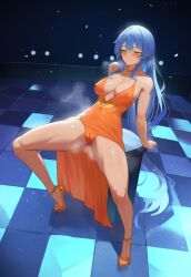 1girls ai_generated bare_arms bare_legs bare_shoulders bare_thighs blush cameltoe cleavage full_body legs long_hair original original_character shiny_skin sweat sweatdrop sweating thighs yeyehuh