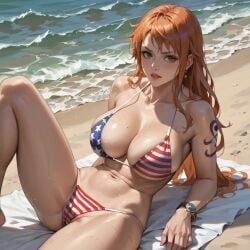 ai_generated american_flag_bikini beach big_breasts female female_only long_hair nami_(one_piece) one_piece red_hair redphoenix_