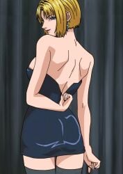 1girls anime_screencap ass ass_focus back_zipper bare_back bare_shoulders bible_black big_ass big_breasts black_dress black_socks blonde_hair blue_eyes cross cross_earrings dress earrings female from_behind highres jewelry kitami_reika looking_at_viewer looking_back mature mature_female milf ova rear_view revealing_clothes screencap short_hair skimpy skimpy_clothes socks solo teacher uncensored undressing upper_body viewed_from_behind zipper zipper_down zipper_pull_tab