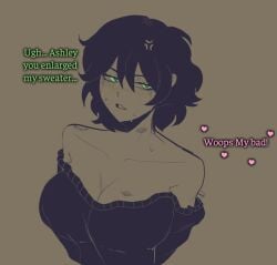 2girls andrew_graves ashley_graves big_breast black_hair black_sweater breasts english_text genderswap_(mtf) green_eyes hickey_marks izouumi rule_63 solo_focus sweat sweatdrop sweater text the_coffin_of_andy_and_leyley