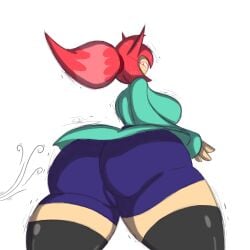 ass_focus behind_view big_ass big_breasts big_butt gameboi_(artist) looking_at_viewer looking_back_at_viewer neutral_expression noticed ponytail red_eyes red_eyes_female red_hair samata_(gameboi) thick_thighs wind