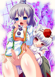 2boys animal_ears bottomless caressing_testicles censored emina femboy femboy_on_femboy gay genderswap genderswap_(ftm) grabbing_from_behind grey_hair hat highres japanese_clothes male/male momiji_inubashiri mononobe_no_futo open_mouth penis ponytail red_eyes rule_63 short_hair silver_hair skirt smile tate_eboshi testicle_grab testicles tied_hair tokin_hat touhou wolf_ears yaoi