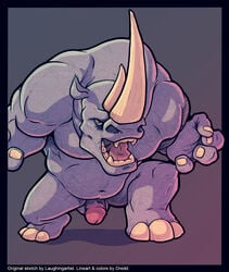 2014 4_fingers anthro balls barefoot biceps dredd_(artist) hi_res high_resolution highres horn laughingartist looking_at_viewer male male_only manly musclegut muscles navel no_nipples nude open_mouth pecs penis raised_arm rhinoceros sharp_teeth solo teeth tongue