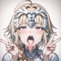 ahe_gao ai_generated blonde_hair blue_eyes bukkake fate/apocrypha fate/grand_order fate_(series) jeanne_d'arc_(fate) jeanne_d'arc_(fate)_(all) peace_sign sperm tongue tongue_out