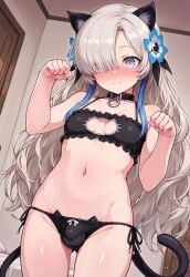 1futa ai_generated cat_ears cat_lingerie cat_tail crotch_bulge futanari hair_over_one_eye jouthechou long_hair paw_pose penis solo