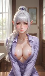 1girls ai_generated baldur's_gate_3 braided_hair breasts_out clothed green_eyes nipples pointy_ears scar shadowheart smile soft_smile white_hair