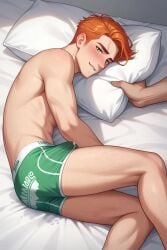 ai_generated biting_lip blush boxers boxers_(clothing) chubbedupelf cumming_through_clothing cumming_through_underwear ginger ginger_hair green_underwear laying_on_bed male_only nipples underwear