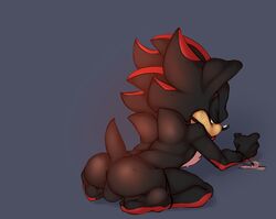 1boy anthro anus argento ass ball_gag balls black_fur black_hair bondage bound from_behind fur furry gag gagged hair hedgehog looking_back male male_only penis raised_tail red_eyes red_strips sega shadow_the_hedgehog solo sonic_(series) testicles tuft