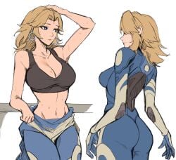 ass black_tank_top blonde_hair blue_bodysuit blue_eyes bodysuit breasts earrings fantastic_four female hi_res hoop_earrings jewelry large_breasts long_hair marvel marvel_rivals multiple_views simple_background sue_storm tank_top tommy_(kingdukeee) white_background