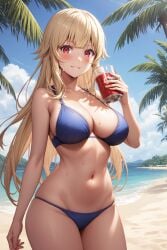 1girl ai_generated arm_at_side bare_arms bare_shoulders beach bikini blonde_hair blue_bikini blue_sky blunt_bangs blush breasts cameltoe cleavage closed_mouth cloud collarbone cowboy_shot cup day drink drinking_glass female gokukoku_no_brynhildr groin halterneck hand_up hime_cut holding holding_cup holding_drink large_breasts lips long_hair looking_at_viewer navel ocean outdoors palm_tree pixiv red_eyes rena_aikawa_(pixiv_user) sand sidelocks skindentation sky smile solo stable_diffusion standing stomach strap_gap string_bikini summer sweat swimsuit tachibana_mina_(gokukoku_no_brynhildr) tagme thighs tree v-shaped_eyebrows very_long_hair water wet