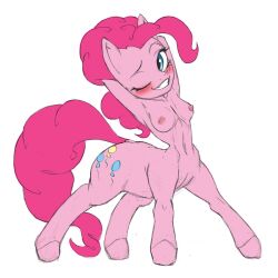 1:1 blue_eyes blush breasts collarbone cutie_mark dock_(anatomy) equid equid_taur equine eyelashes female friendship_is_magic hair hasbro hi_res hooves mammal mammal_taur my_little_pony navel nipples one_eye_closed pink_body pink_hair pink_nipples pink_tail pinkie_pie_(mlp) shdingo simple_background small_breasts smile solo tail taur white_background