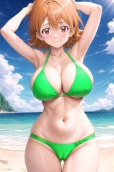 1girl ai_generated armpits arms_behind_head arms_up ass_visible_through_thighs bare_arms bare_shoulders beach bikini blue_sky blush breasts cameltoe cleavage closed_mouth cloud collarbone covered_nipples cowboy_shot day digimon digimon_adventure digimon_adventure_tri. female green_bikini groin hair_between_eyes halterneck horizon large_breasts looking_at_viewer medium_hair navel ocean orange_hair outdoors pixiv red_eyes rena_aikawa_(pixiv_user) sand shore short_hair sideboob skindentation sky smile solo sora_takenouchi stable_diffusion standing stomach string_bikini sunlight swimsuit tagme thigh_gap thighs underboob water wet