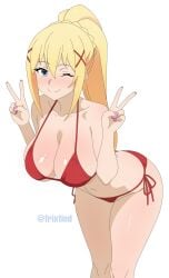 1girls big_breasts bikini bikini_bottom bikini_top blonde_hair blue_eyes blush bottomwear breasts cleavage darkness_(konosuba) female female_only frixtied hair hips huge_breasts kono_subarashii_sekai_ni_shukufuku_wo! ponytail solo solo_female swimwear thighs topwear_removed