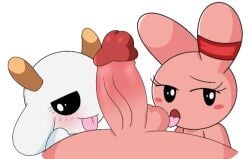 anthro balls bunny_maloney bunny_maloney_(character) candy_bunny charlotte_(bunny_maloney) female goat goat_horns lemon_waifu licking licking_balls looking_at_viewer male penis rabbit tagme