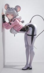 against_wall ai_generated anthro arched_back bent_over big_ass big_breasts blush bodysuit chronoai fat_ass from_side full_body furry grey_hair hourglass_figure humanoid jacket large_breasts lumi_(wuthering_waves) mouse mouse_ears mouse_girl mouse_tail perfect_body pink_jacket seductive side_view thick_legs thick_thighs thighs twin_braids wuthering_waves