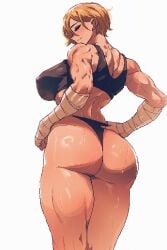 1girls absurd_res ass bell_(spoiledmuffin) blonde_hair breasts closed_eyes hi_res huge_ass muscular muscular_female original pixel_art short_hair simple_background solo spoiledmuffin sports_bra white_background