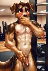 blush canine covering_face cute_face domestic_dog embarrassed eyes floppy_ears fur furry gym nervous nipples puppy sweat sweating twink weightlifting