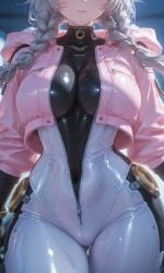 ai_generated big_breasts bodysuit breast_focus chronoai close-up grey_hair hips jacket large_breasts lumi_(wuthering_waves) pink_jacket slim_waist small_waist thick thighhighs twin_braids waist wuthering_waves