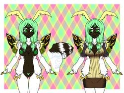 2012 antennae areola arthropod breasts claws clothing female fluffy fur green_eyes green_hair hair hairband hi_res insects looking_at_viewer miniskirt moth multi_arm multi_limb nipples nyuumew_(artist) pattern_background pubes pussy shorts signature solo thorax two_tone_fur wings