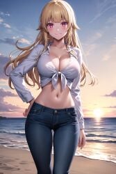 1girl ai_generated beach blonde_hair blue_pants blue_sky blunt_bangs blush breasts cleavage closed_mouth cloud collarbone collared_shirt contrapposto cowboy_shot crop_top day denim dress_shirt female floating_hair front-tie_top gokukoku_no_brynhildr gradient_sky groin hand_on_own_hip hime_cut horizon jeans large_breasts long_hair long_sleeves looking_at_viewer midriff navel ocean outdoors pants pixiv red_eyes rena_aikawa_(pixiv_user) sand shirt sidelocks sky smile solo stable_diffusion standing stomach sun sunlight sunset tachibana_mina_(gokukoku_no_brynhildr) tagme thighs tied_shirt water white_shirt