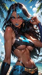 ai_generated beach black_hair blue_eyes blue_highlights blue_lipstick blue_makeup earrings long_hair manofmidas navel pokemon pokemon_rse sea seaside shelly_(pokemon) shelly_(pokemon_oras) sweat underboob wet_body