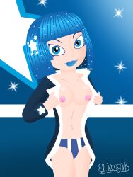 1girls blue_background blue_coat blue_eyes blue_hair blue_lips blue_thong breasts breasts_out coat el_incognito_(artist) short_hair star_darlings vega_(star_darlings)