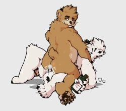 absurd_res alcohol alcohol_bottle aleks_(stewiesleeps) anal anal_sex anthro ass balls bear beverage big_butt bodily_fluids bottle brown_bear brown_body brown_fur container cowgirl_position cum cum_in_ass cum_inside cum_on_balls cum_on_butt cum_on_penis digital_media_(artwork) duo ejaculation erection facial_piercing feet from_front_position fur genital_fluids genitals gold_(metal) grizzly_bear hair heart_symbol hi_res holding_object jewelry looking_pleasured male male/male male_penetrated male_penetrating male_penetrating_male mammal mothyking nikto_(mothyking) nipples nose_piercing nose_ring nude on_bottom on_top open_mouth orgasm pawpads paws penetration penile penile_penetration penis piercing polar_bear ring_piercing sex simple_background slightly_chubby smile tail tuft ursine white_background white_body white_fur