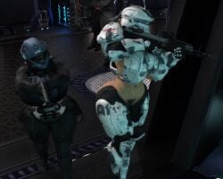 1boy 2girls alphaprimaris big_breasts big_butt big_thighs halo halo_(game) halo_(series) halo_3_odst halo_4 impractical_armor jiralhanae sarah_palmer veronica_dare