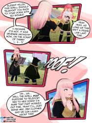 2girls accidental_exposure alternate_hair_color angry bangs boots breasts clenched_teeth clothes comic dialogue english_text fefreak726 female fire_emblem fire_emblem:_three_houses garreg_mach_monastery_uniform hilda_valentine_goneril humiliation light_pink_hair long_hair long_sleeves lysithea_von_ordelia medium_breasts mogic multiple_girls nervous nervous_smile nintendo open_mouth outdoors pantyhose pink_eyes pink_hair rock shocked short_sleeves skirt smile sound_effects speech_bubble teleportation text thighhighs twintails unworn_clothes wardrobe_malfunction white_hair