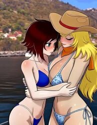 2024 2girls ai_assisted ai_generated animated belly_button big_breasts bikini bikini_bottom bikini_top black_hair blonde_hair blue_bikini blue_clothing blush blush_lines breast_envy breast_size_difference breasts busty centinel303 cleavage clothed clothed_female clothing duo embarrassed female female_only front_view grey_eyes hair half-sisters hat headwear hug human human_only imminent_incest imminent_kiss large_breasts light-skinned_female light_skin long_hair looking_at_partner looking_away looking_down medium_hair meme mother_daughter_boob_envy_(meme) multicolored_hair multiple_girls navel neckerchief nervous nervous_sweat outdoors purple_eyes red_hair ruby_rose rwby siblings side-tie_bikini sisters sisters_(lore) small_breasts smile smiling standing stomach swimsuit tagme thighs two_tone_hair video yang_xiao_long