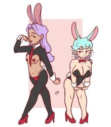 2girls bowtie bowtie_collar breasts bunny_ears bunny_suit bunnysuit cleavage collar footwear heels pasties red_heels reverse_bunny_suit reverse_bunnysuit robathandraws shoes