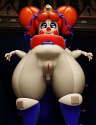 animatronic baby_(fnafsl) big_belly blue_stockings bow bow_in_hair bow_ribbon circus_baby circus_baby_(fnaf) circus_queen_(justaperson) clown clown_girl crown female female_focus female_only five_nights_at_freddy's five_nights_at_freddy's:_sister_location ginger ginger_hair green_eyes_female looking_at_viewer low-angle_view orange_hair presenting presenting_pussy pussy red_hair robot robot_girl sister_location smile smiling smiling_at_viewer solo_female stockings thick thick_thighsgreen_eyes tiara white_body white_skin white_skin_(monochrome) winking_at_viewer