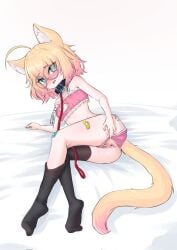 2025 after_anal after_sex ahoge anus bed_sheet blonde_hair blue_eyes cat_keyhole_bra cat_lingerie catgirl collar cum_in_ass female indie_virtual_youtuber leash leash_and_collar lingerie minikomew on_bed panties_aside pussy ritspi solo spread_anus variant variant_set virtual_youtuber