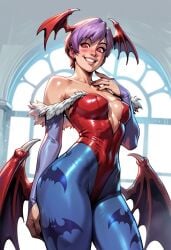 ai_generated bat_wings civitai darkstalkers head_wings leotard lilith_aensland panviewai panviewai pinup purple_hair red_eyes short_hair stockings succubus thighs wings